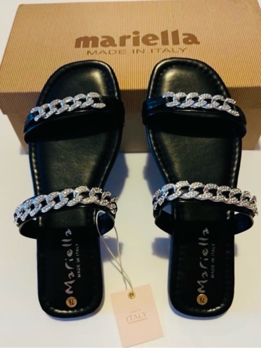 MARIELLA Made In Italy Silver Bling Chainlink Black Flat Slide On Sandals 7.5